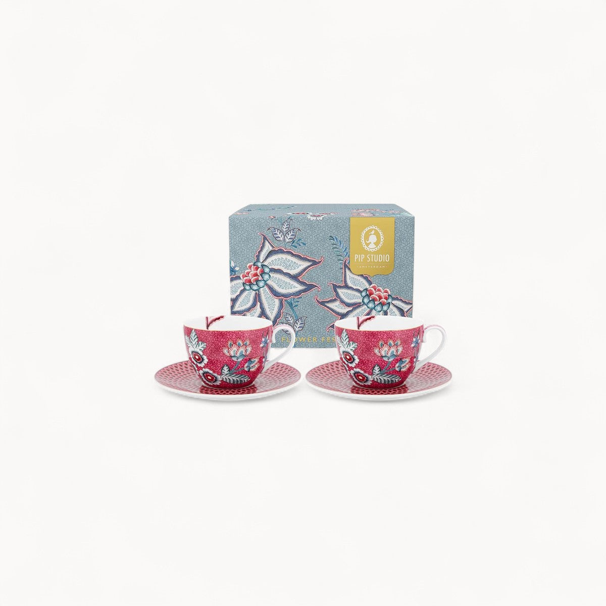 Set/2 Cups & Saucers Flower Festival Dark Pink 280ml