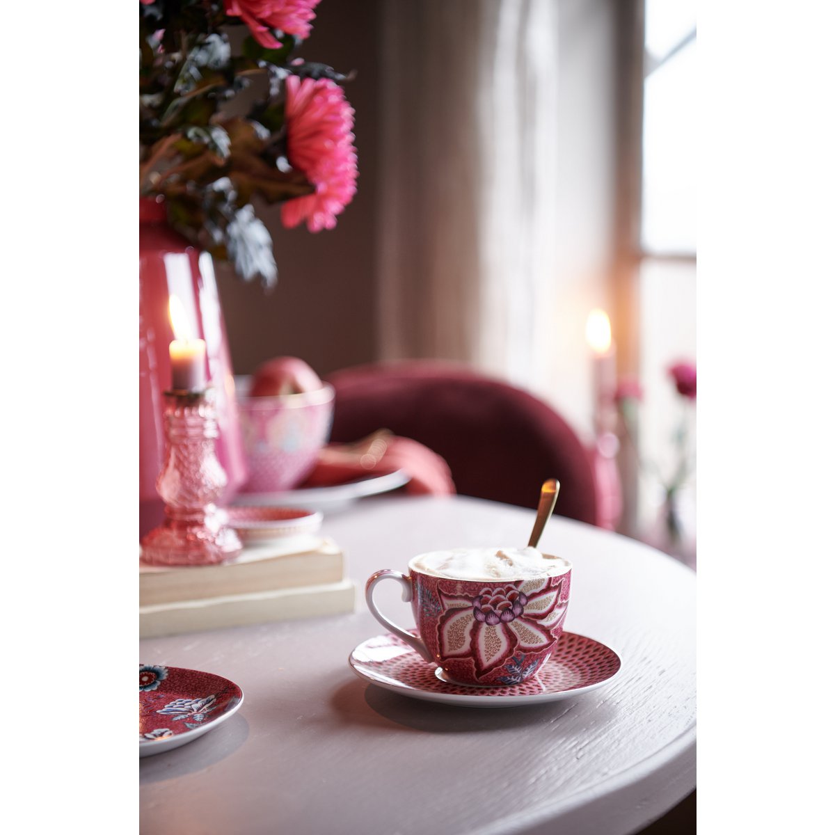 Set/2 Cups & Saucers Flower Festival Dark Pink 280ml