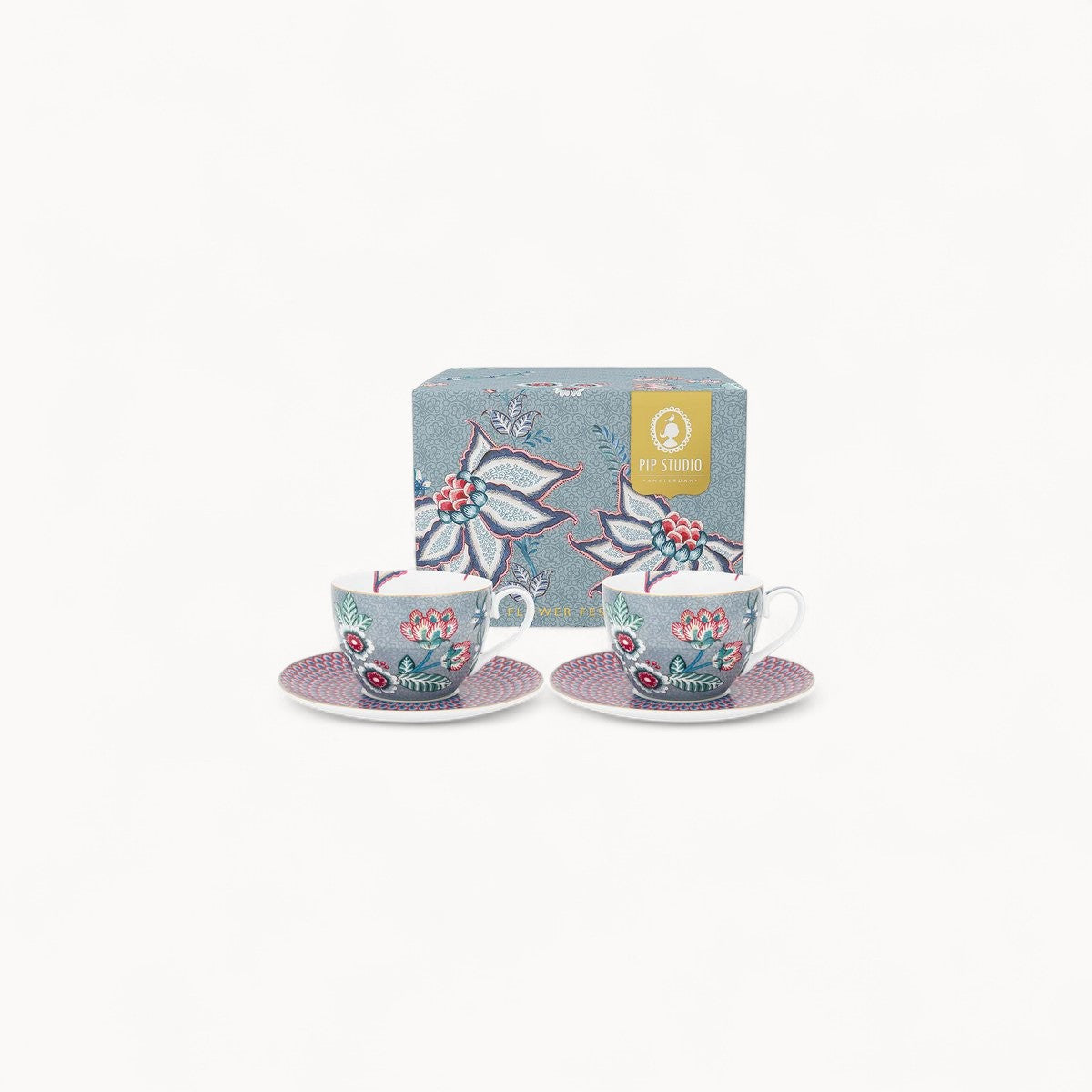 Set/2 Cups & Saucers Flower Festival Light Blue 280ml