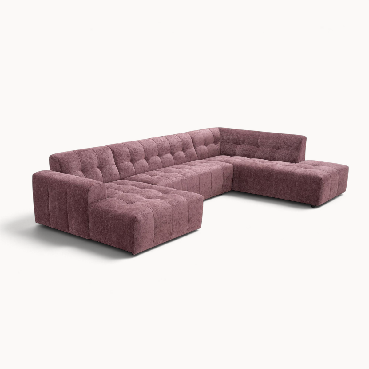 Aika MySofa Nagi U-vormige loungebank in oudroze fluweel met gecapitonneerd zitvlak en moderne modulaire opstelling