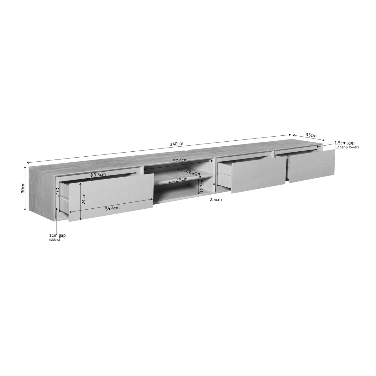 Zwevend tv meubel Luwte Zwart 240 cm