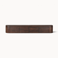 Aika Engawa tv-meubel van donkerbruin hout met afgeronde hoeken en vier kastdeuren in een minimalistisch design.
