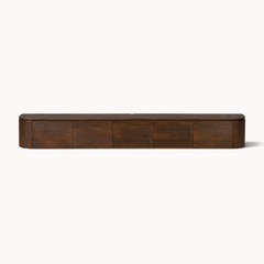 Aika Engawa tv-meubel van donkerbruin hout met afgeronde hoeken en vijf kastdeuren in een minimalistisch design.