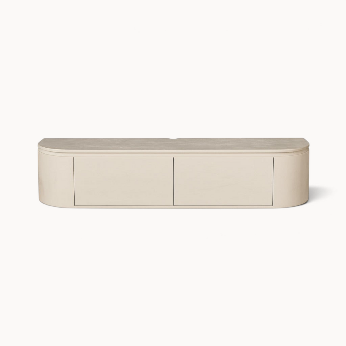 Aika Engawa tv-meubel in beige met afgeronde hoeken en twee opbergladen in een minimalistisch design.