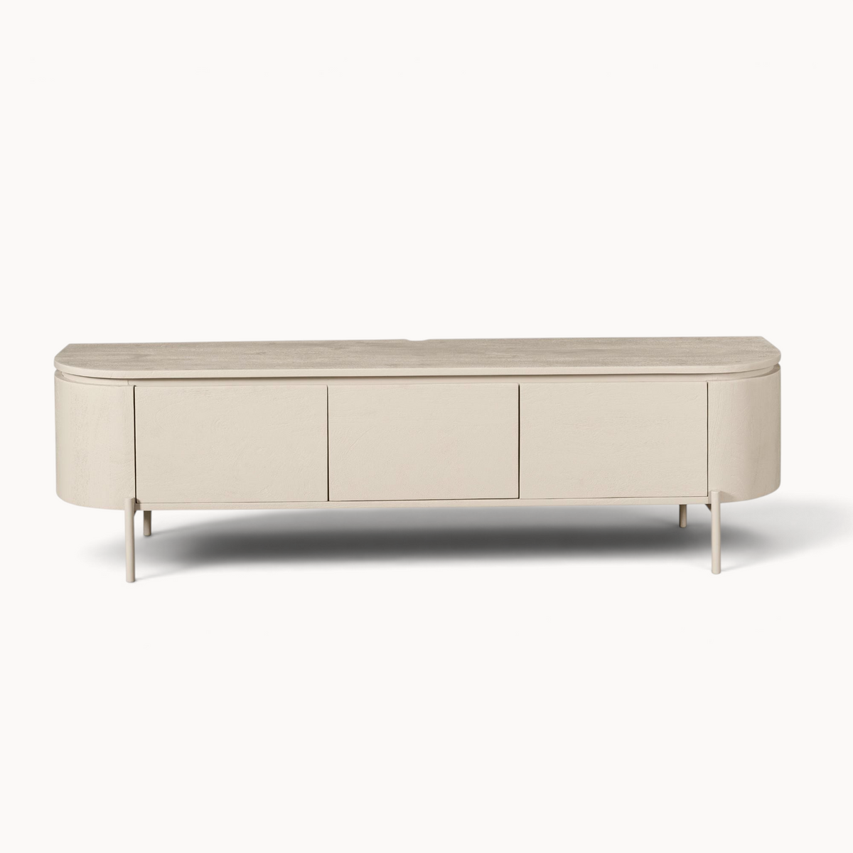 Aika Engawa tv-meubel in beige met afgeronde hoeken en drie kastdeuren op slanke poten