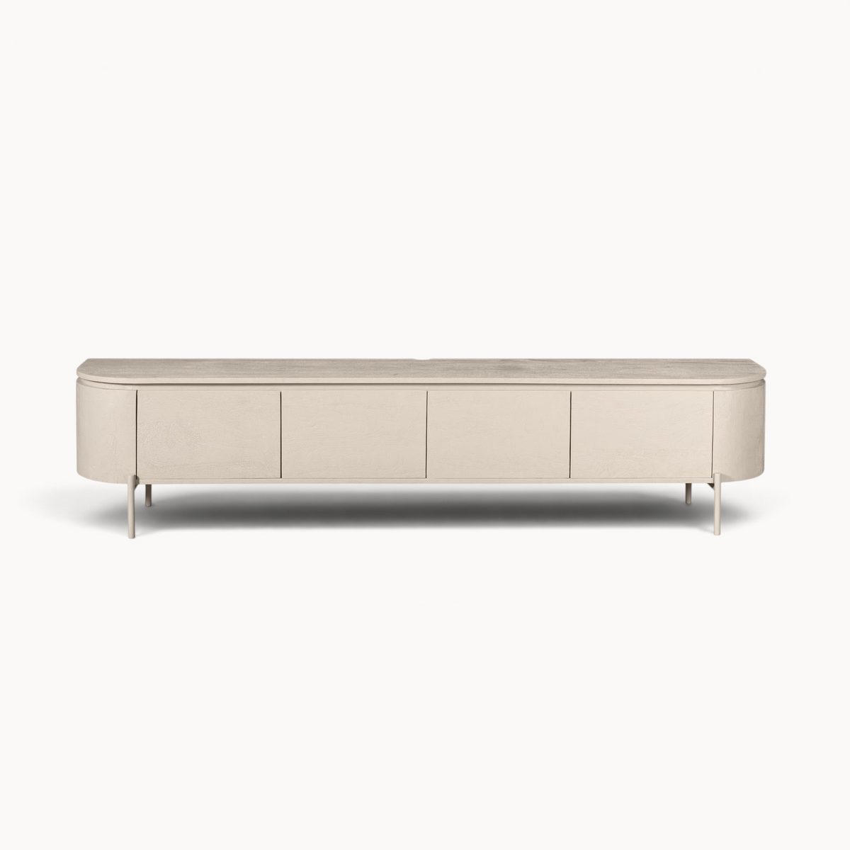 Aika Engawa tv-meubel in een lichte beige kleur met afgeronde hoeken en slanke poten in een minimalistisch design.
