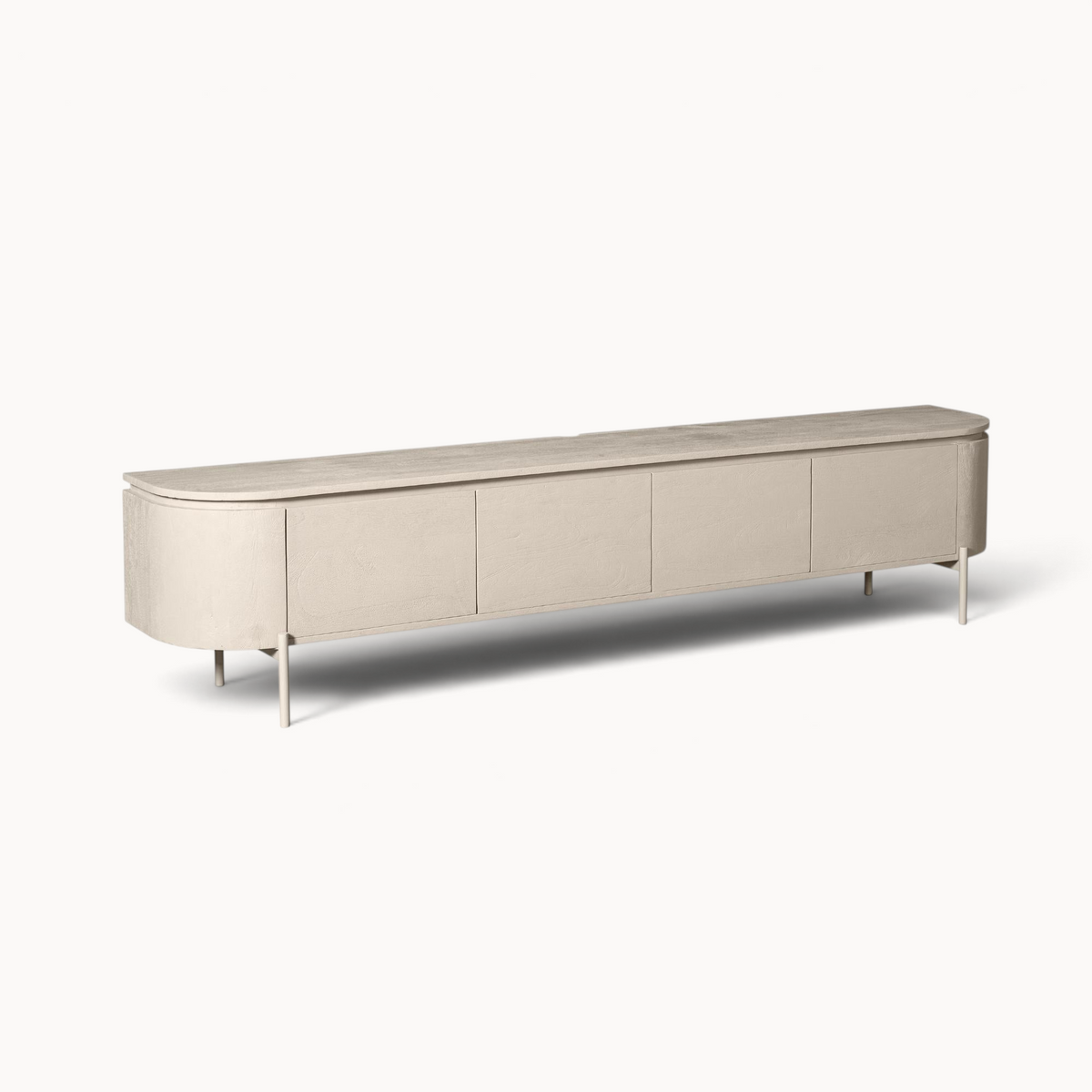 Aika Engawa tv-meubel in een lichte kleur met afgeronde hoeken en slanke poten in een minimalistisch design.