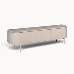 Aika Engawa tv-meubel in lichtgrijs hout met afgeronde hoeken en slanke metalen poten voor een modern interieur.