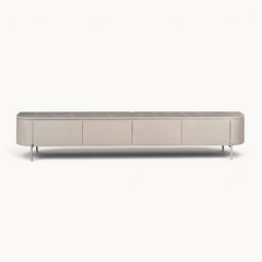 Aika Engawa tv-meubel in lichtgrijs hout met afgeronde hoeken en slanke poten in een minimalistisch design.