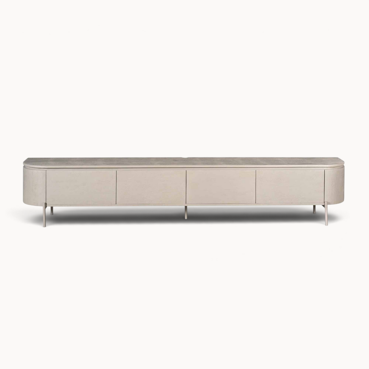 Aika Engawa tv-meubel in lichtgrijs hout met afgeronde hoeken en vier slanke poten voor een modern interieur.