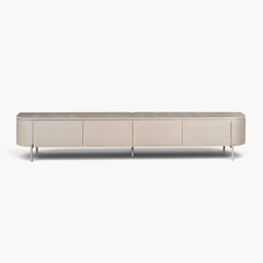 Aika Engawa tv-meubel in lichtgrijs hout met afgeronde hoeken en vier slanke poten voor een modern interieur.