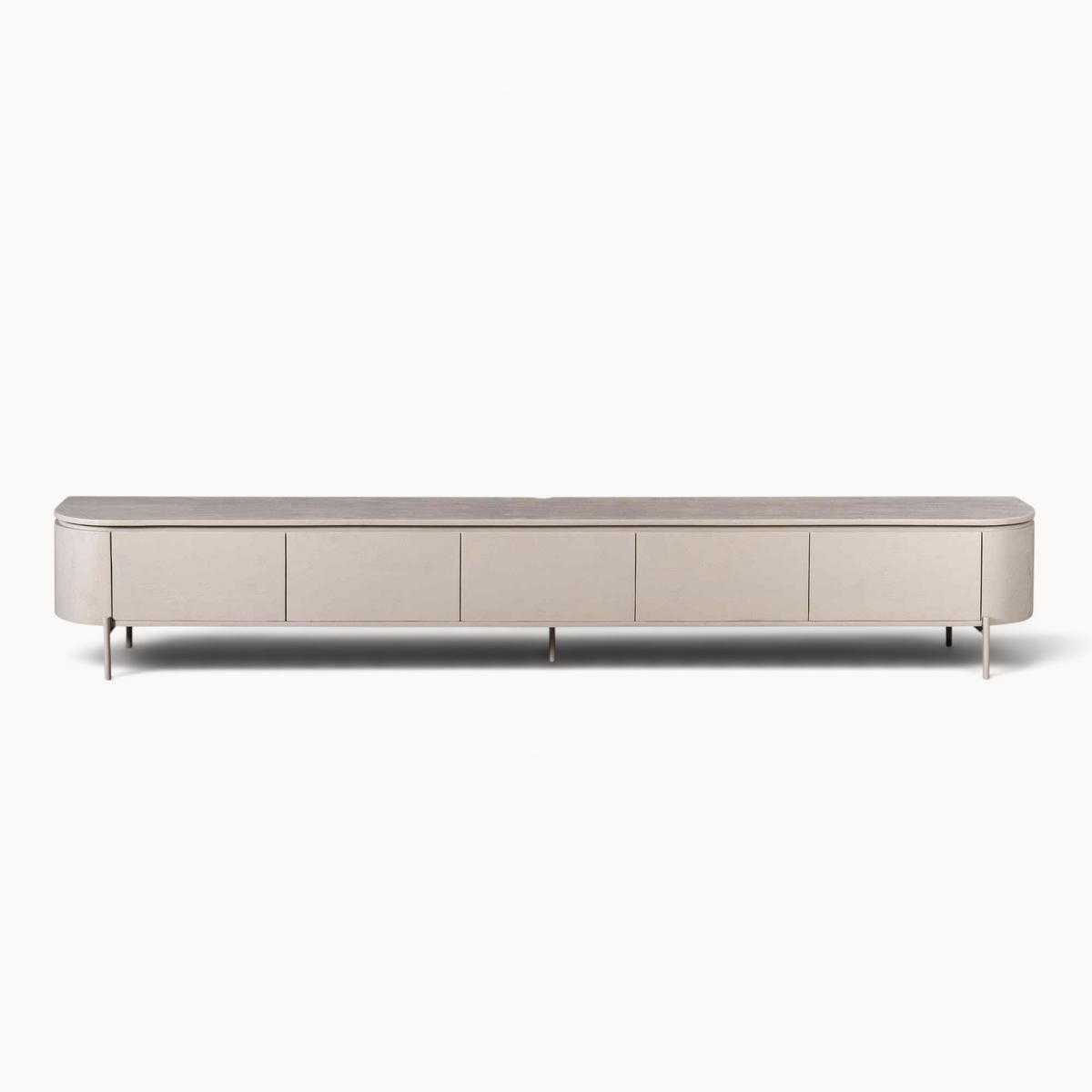Aika Engawa tv-meubel in lichtgrijs hout met afgeronde hoeken en minimalistisch design op slanke poten