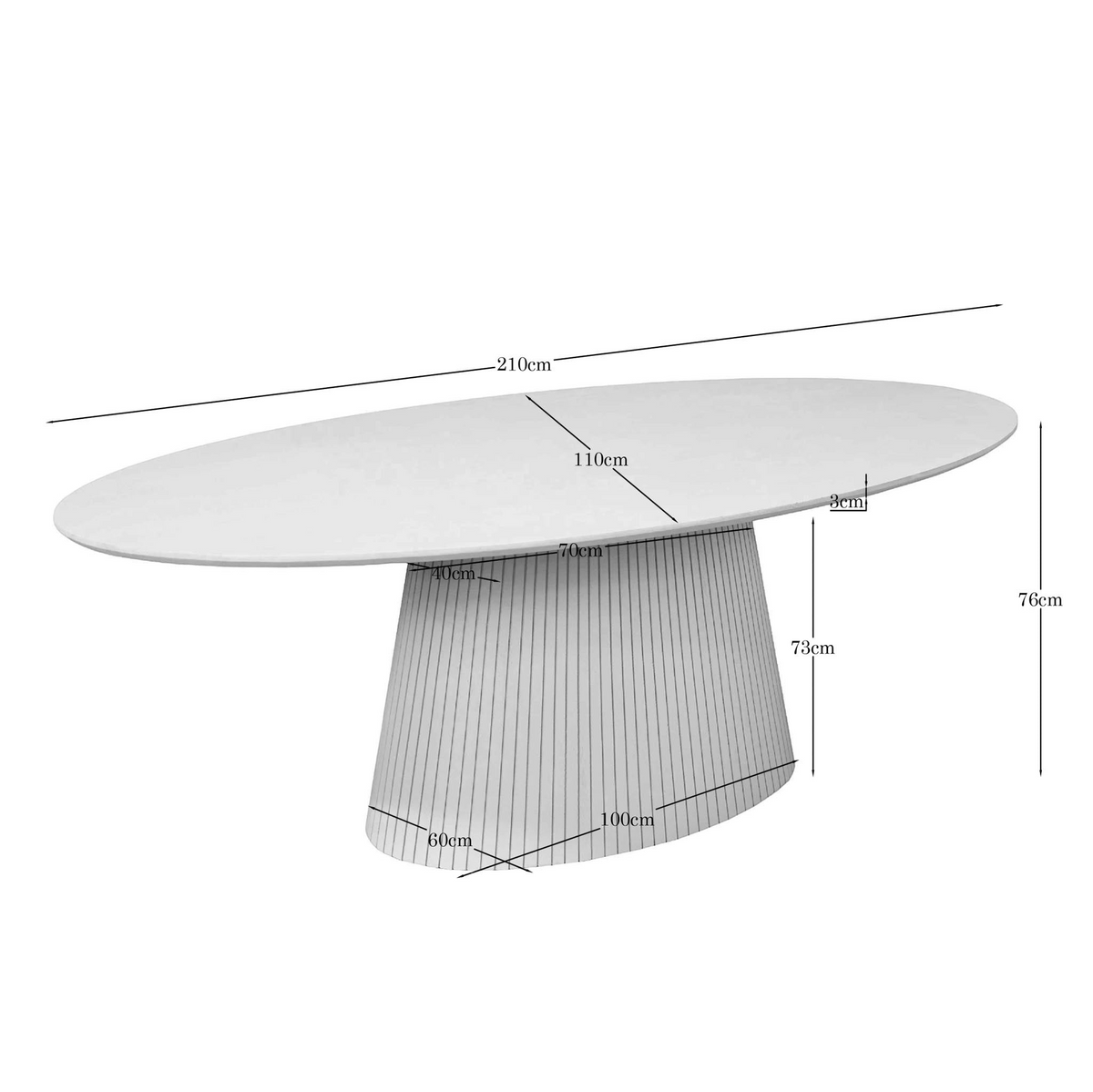 Aika Tansu ovale eettafel in zandkleur met een modern geribbeld onderstel en gedetailleerde maataanduidingen.