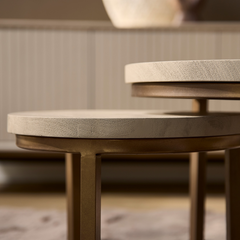 Aika Sova salontafel set in zandkleur met ronde houten bladen en een elegant goudkleurig metalen onderstel