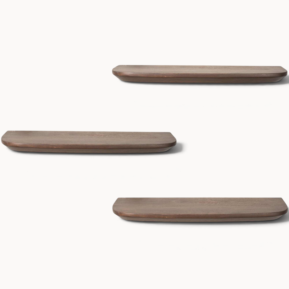 Aika set van drie donkerhouten wandplanken met afgeronde hoeken voor een stijlvolle muurdecoratie.
