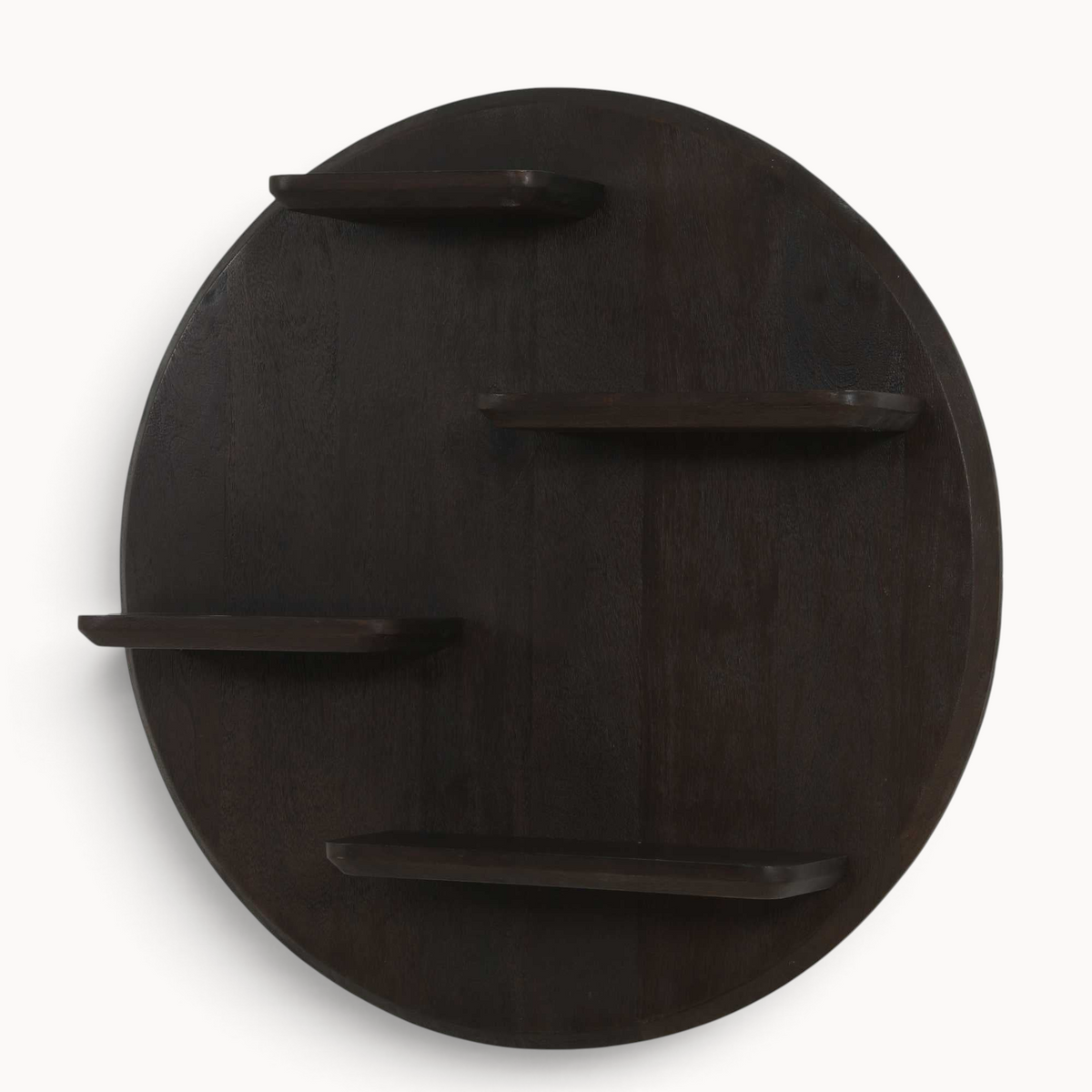 Aika rond wandrek Kier van donkerbruin hout met vier asymmetrische legplanken voor decoratie aan de muur