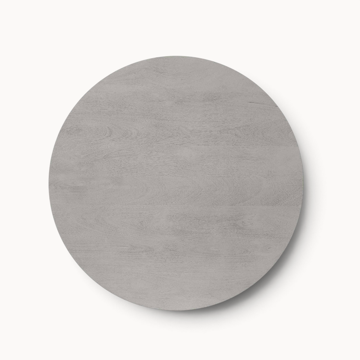 Aika ronde salontafel Tansu in taupe met een subtiele houtnerf textuur, bovenaanzicht.