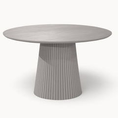 Aika ronde eettafel Tansu in taupe met een modern geribbeld voetstuk en een glad rond tafelblad