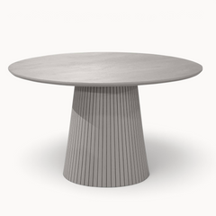 Aika ronde eettafel Tansu in taupe met een modern geribbeld voetstuk en een glad rond tafelblad