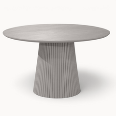 Aika ronde eettafel Tansu in taupe met een modern geribbeld voetstuk en een glad rond tafelblad
