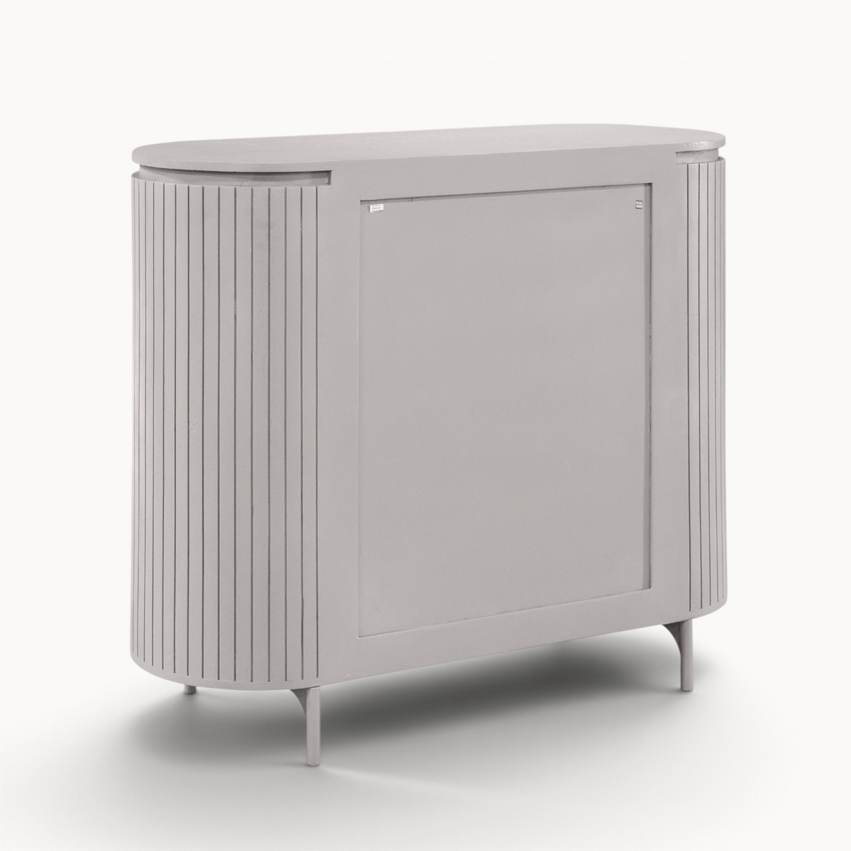 Aika Tansu kabinet kast in taupe met afgeronde hoeken en verticaal lattenwerk op een minimalistisch onderstel