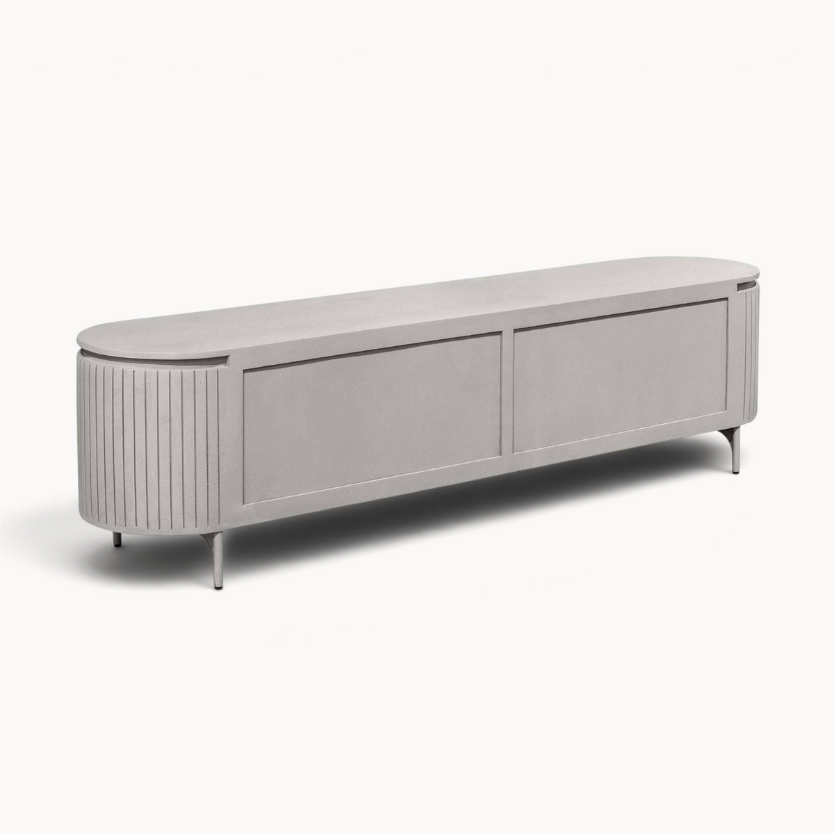 Aika Tansu tv-meubel in taupe met afgeronde hoeken en een geribbeld design op een minimalistisch onderstel.