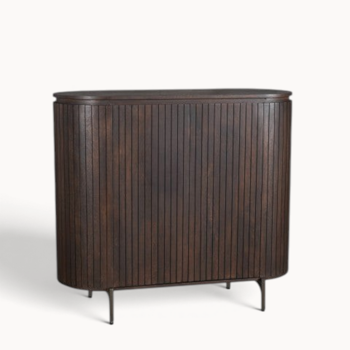 Aika Tansu kabinet kast in donkerbruin hout met een geribbelde afwerking en slanke metalen poten