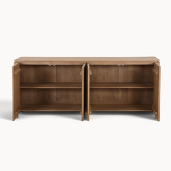 Aika Dressoir Iwa in naturel hout met open deuren en ruime opbergvakken voor een stijlvol interieur.
