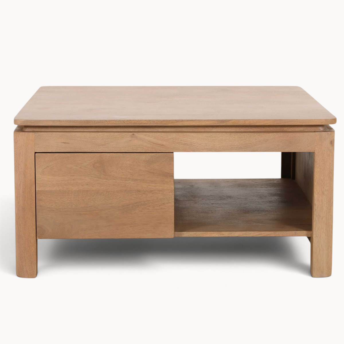 Aika vierkante salontafel Iwa in naturel hout met een strak design, lade en open opbergvak.