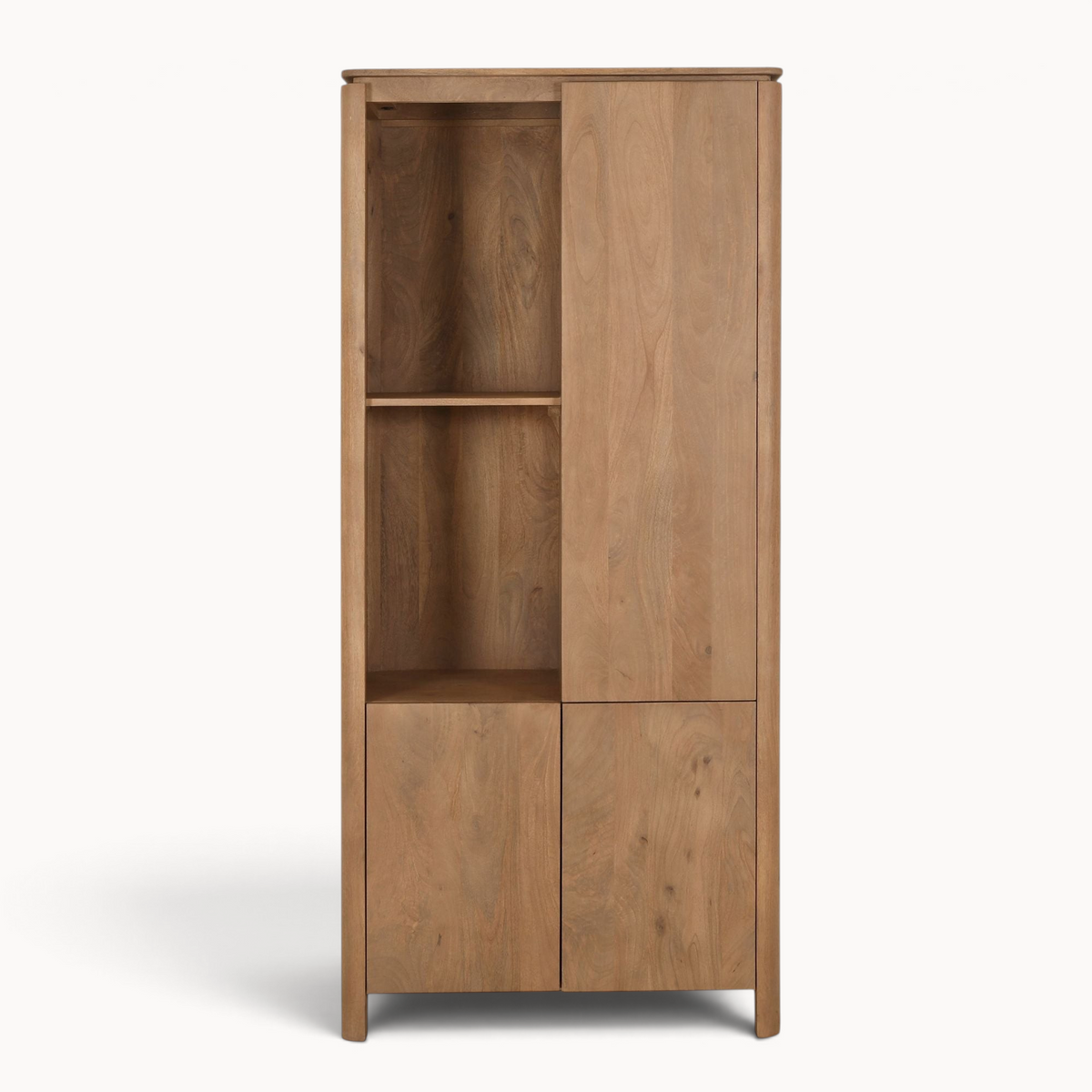 Aika Vakkenkast Links Iwa in naturel hout met open schappen en gesloten kastdeuren voor stijlvolle opbergruimte.
