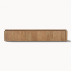 Aika zwevend tv meubel Iwa in naturel hout met drie opbergvakken, strak en modern design voor aan de muur.
