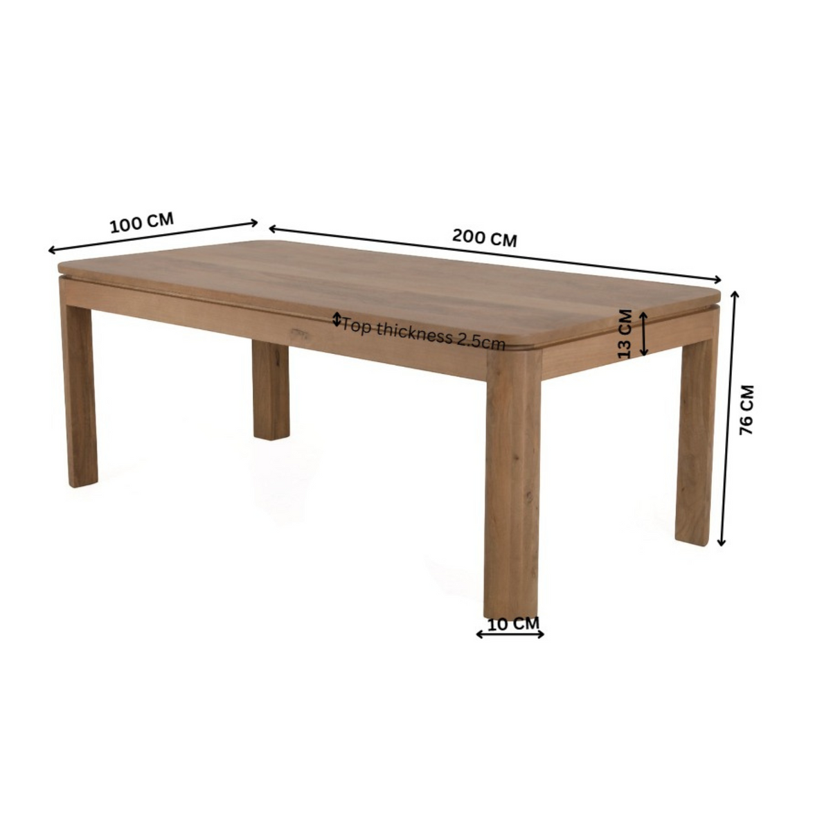 Aika Iwa eettafel in naturel hout met duidelijke afmetingen voor lengte, breedte, hoogte en bladdikte.