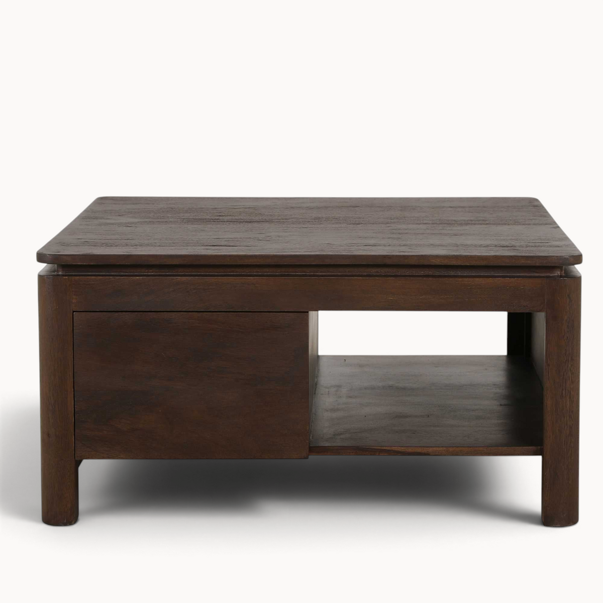 Aika vierkante salontafel Iwa in donkerbruin hout met een lade en open opbergvak voor een modern interieur.