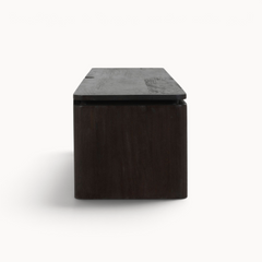 Aika Iwa zwevend tv meubel in donkerbruin hout met een strak en minimalistisch ontwerp, zijaanzicht.
