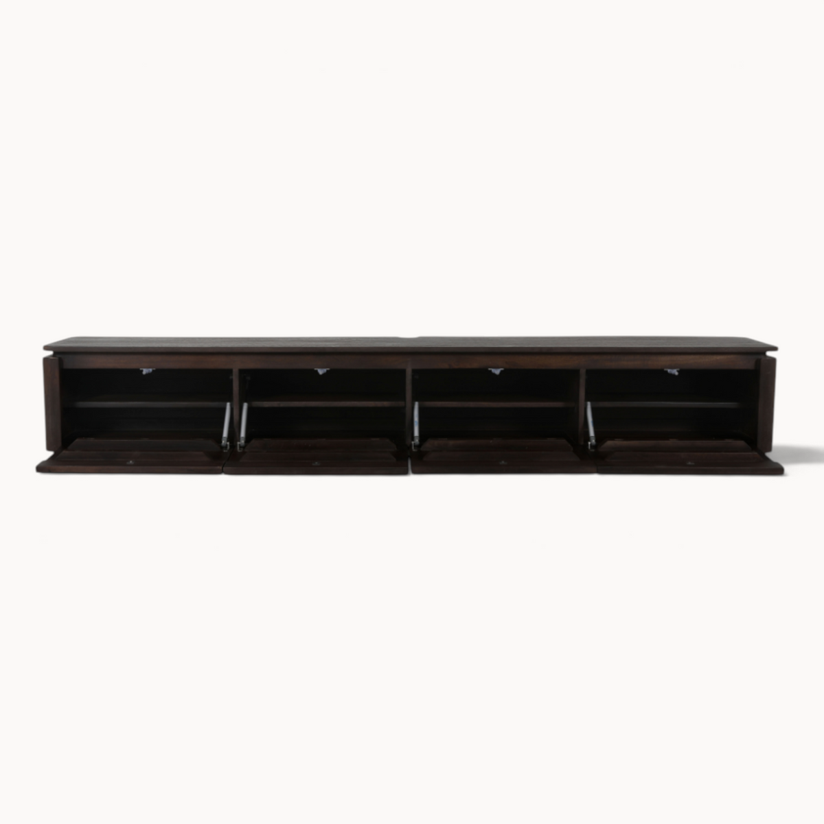 Aika Iwa zwevend tv-meubel in donkerbruin hout met vier openklappende vakken en een strak modern design.