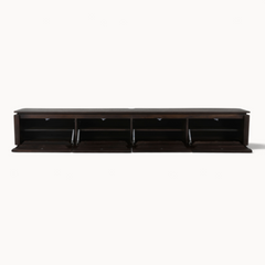 Aika Iwa zwevend tv-meubel in donkerbruin hout met vier openklappende vakken en een strak modern design.