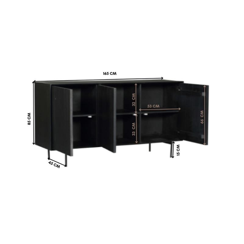 Dressoir Sova 165 cm Zwart, maatvoering