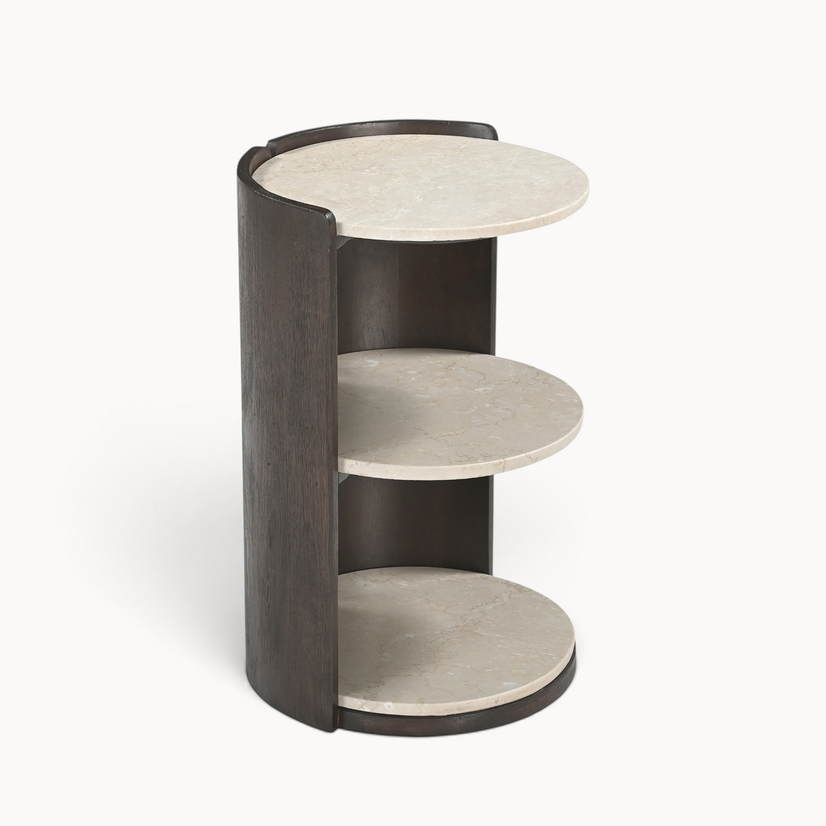 Aika Yoru nachtkastje met drie ronde planken van beige marmer en een donkerbruin houten frame