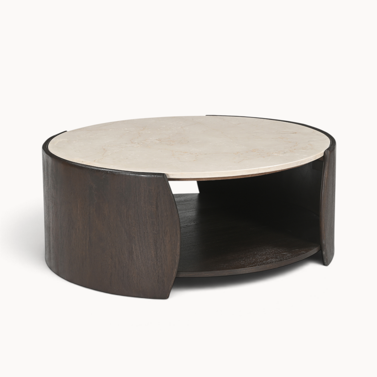 Aika Kiri salontafel met een rond marmeren blad en een donkerhouten gebogen onderstel