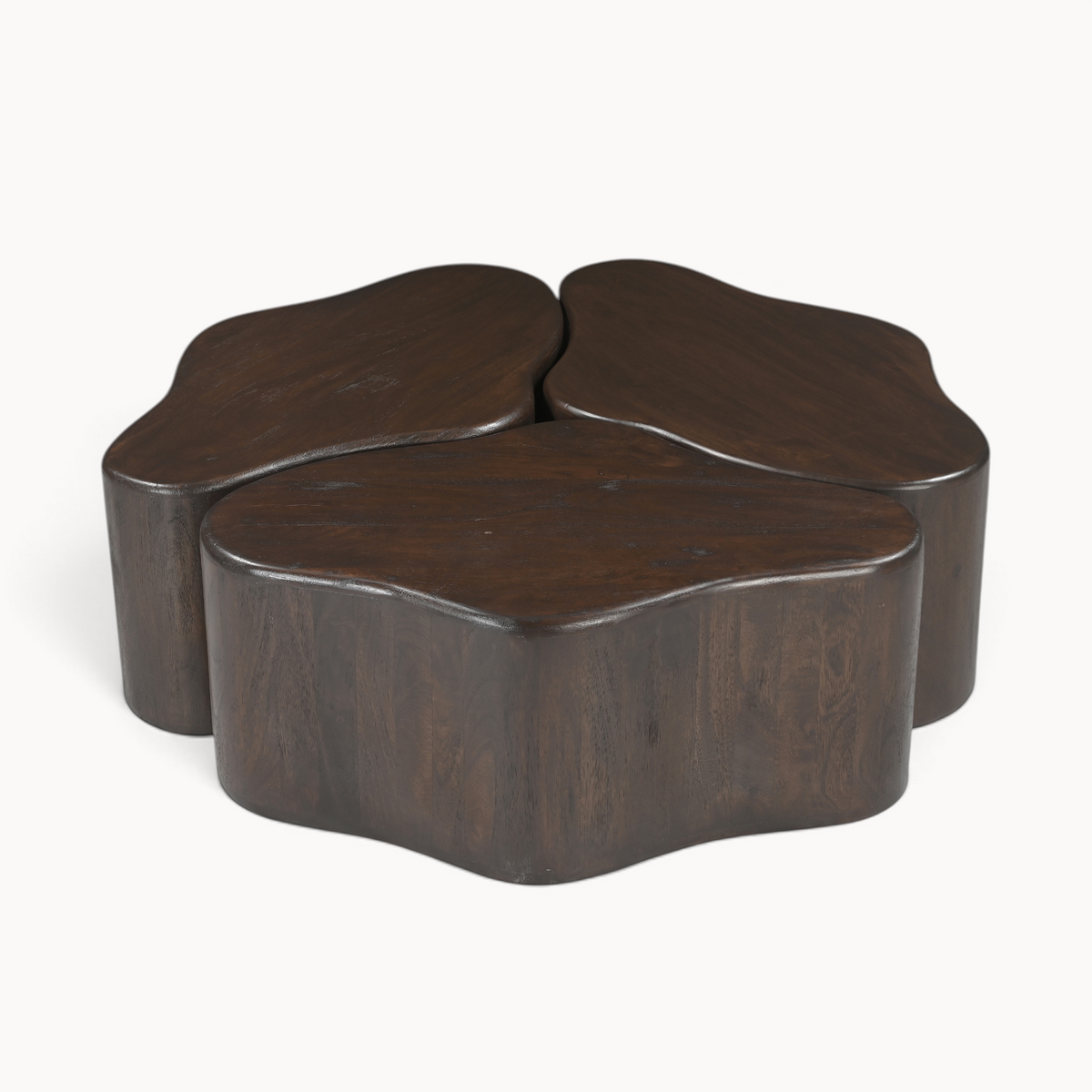 Aika Salontafel Vlonder, een organisch gevormde salontafel van donkerbruin hout met een robuuste uitstraling.