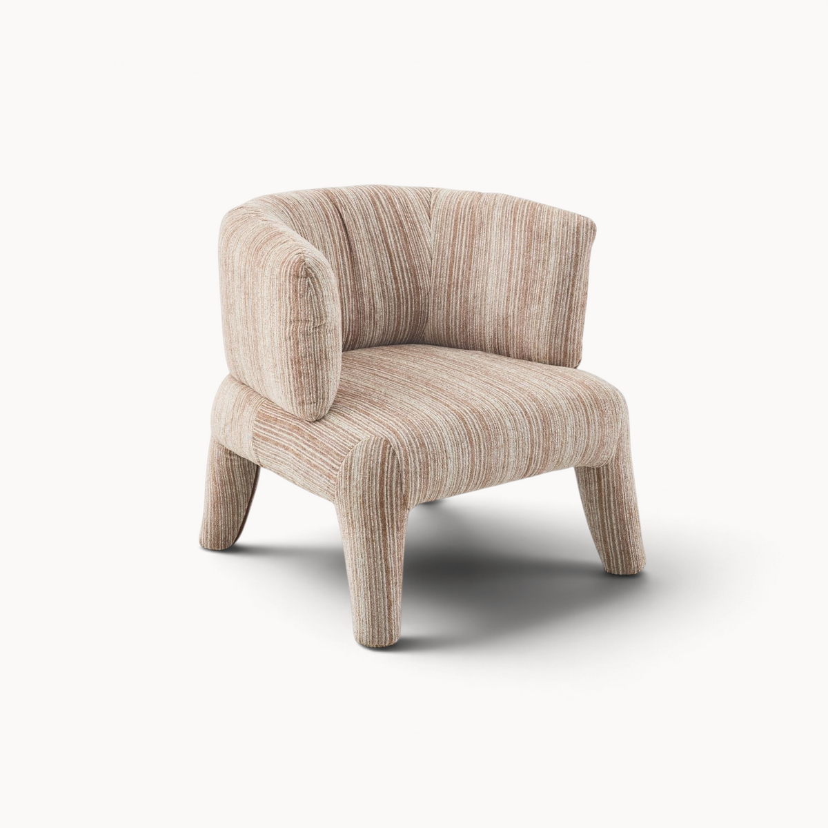 Aika fauteuil Kaya met een beige en bruin gestreepte stoffen bekleding en een modern, rond ontwerp.