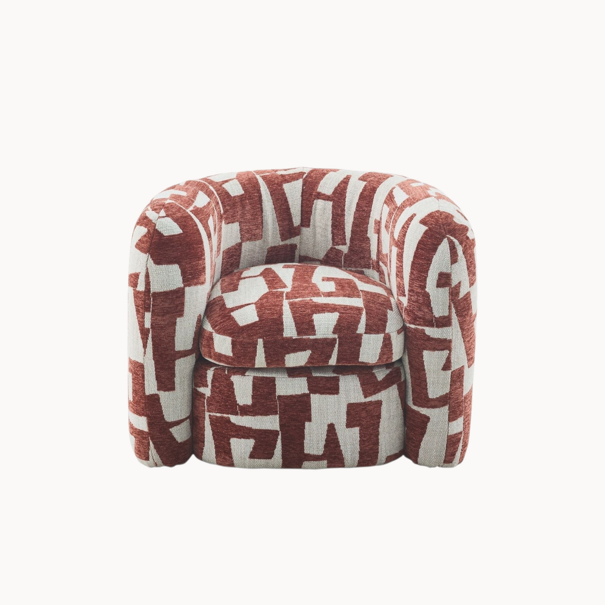 Aika Fauteuil Sakura met een ronde vorm en een opvallend rood-wit geometrisch patroon in de bekleding
