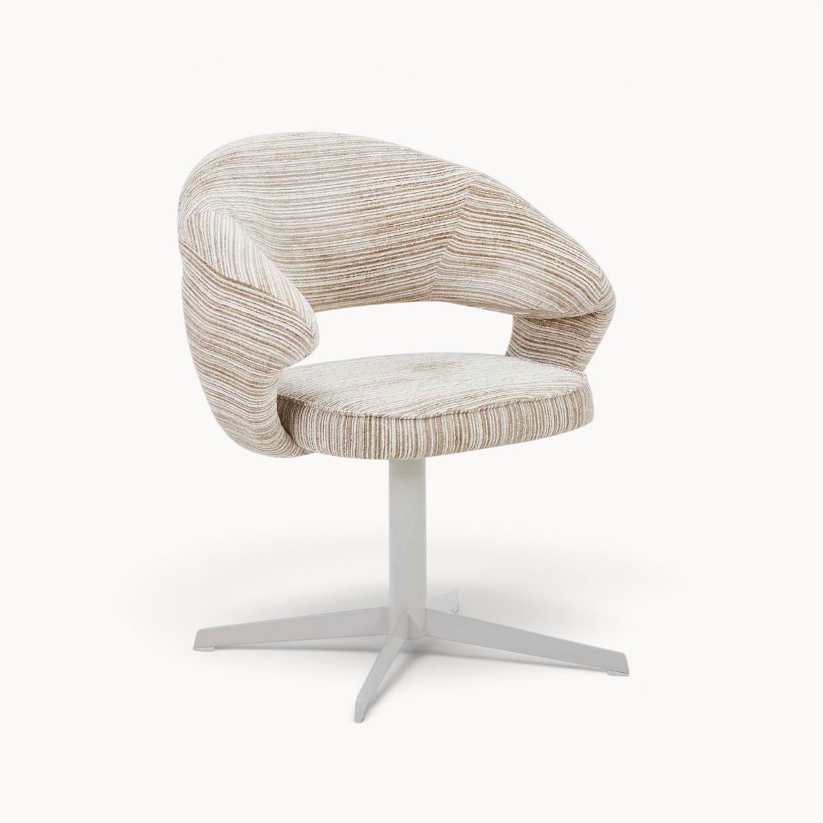Aika draaibare eetkamerstoel Ki met beige gestreepte bekleding en een modern wit kruisframe
