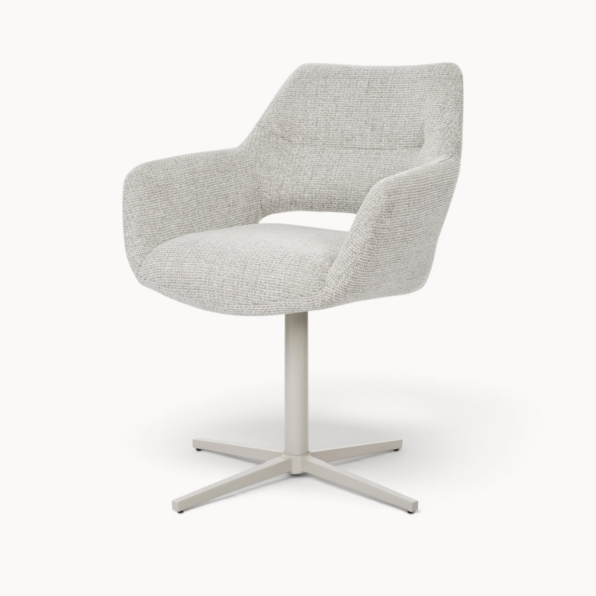 Aika Hikari draaibare eetkamerstoel in beige gemêleerde stof met een modern kruisvormig onderstel