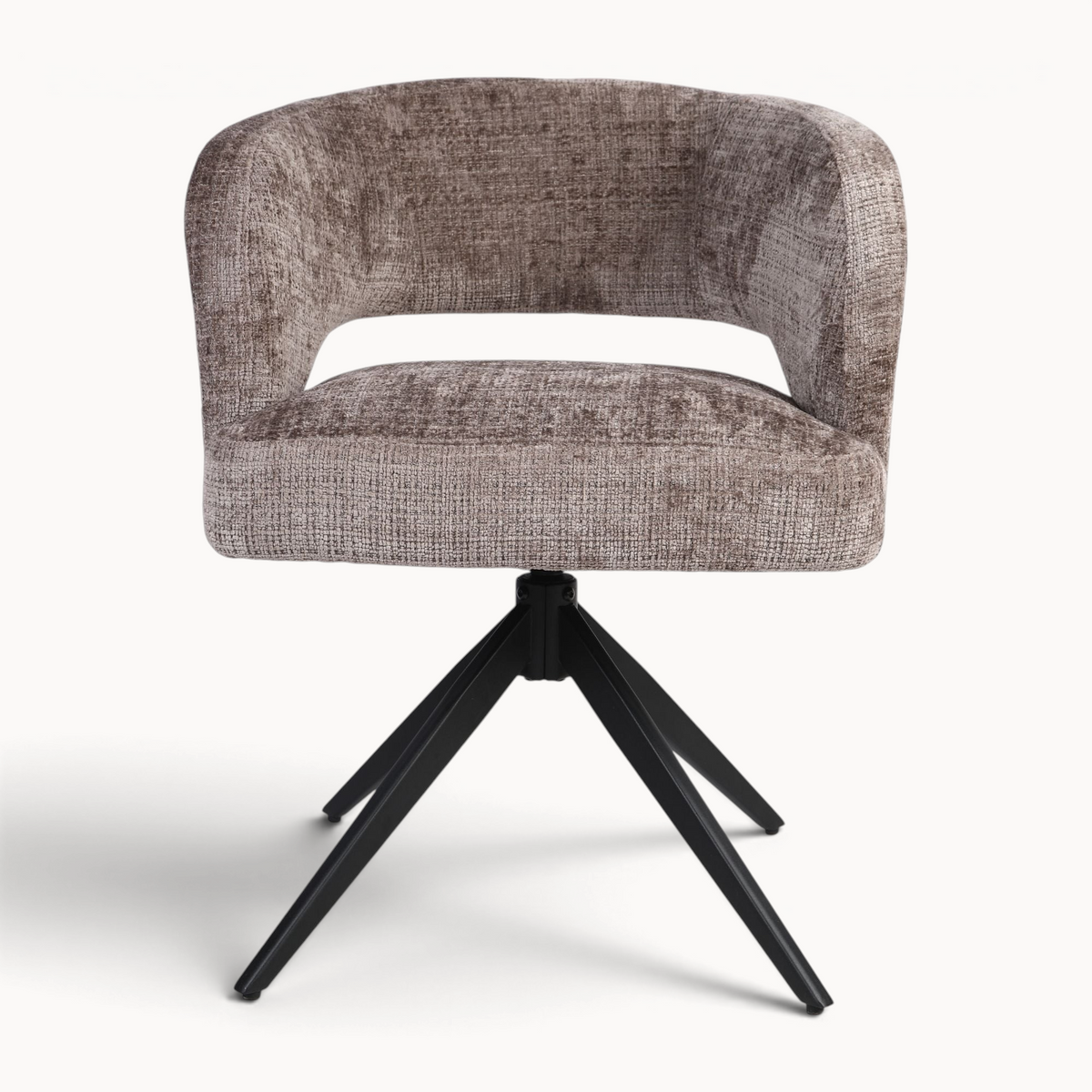Aika draaibare eetkamerstoel Ame in taupe gemêleerde stof met zwarte metalen poot en comfortabele armleuningen