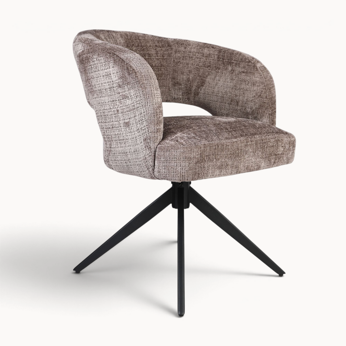 Aika draaibare eetkamerstoel Ame in taupe gemêleerde stof met zwarte metalen poten en comfortabele armleuningen