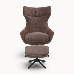 Aika Umi draaibare fauteuil in bruine textielstof met bijpassende voetenbank en zwart metalen onderstel.