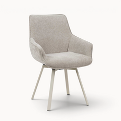 Aika draaibare eetkamerstoel Tori in beige stof met slanke metalen poten en comfortabele armleuningen