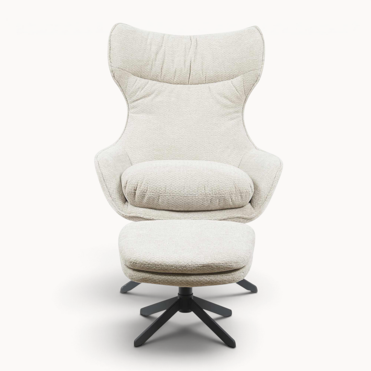 Aika Umi draaibare fauteuil in beige textiel met bijpassende voetenbank op een zwart onderstel
