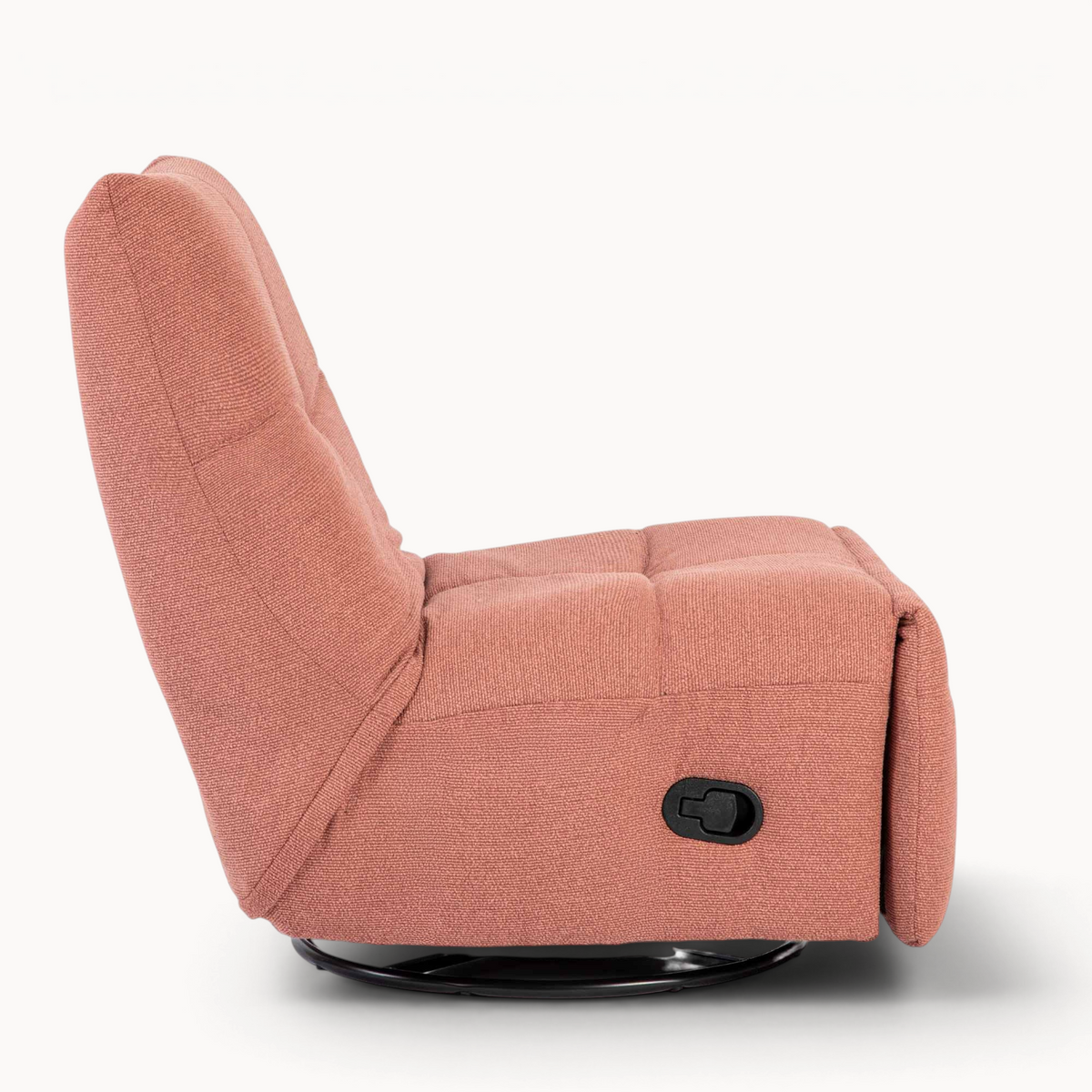 Aika Yasu relaxfauteuil in zachtroze stof met een modern draaibaar onderstel en zijhendel voor verstelbare rugleuning